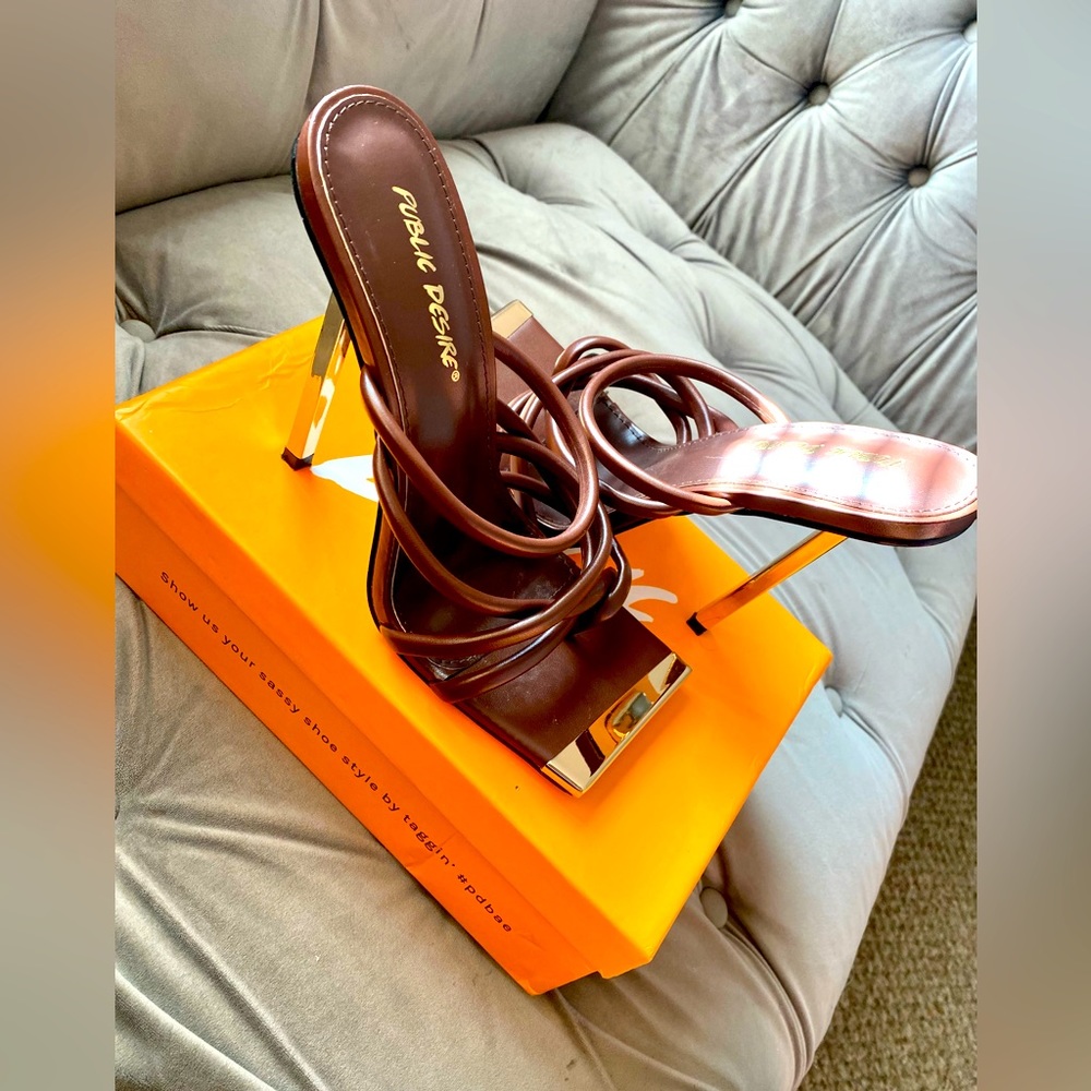 Public Desire heels in the color brown with gold. Size US 8. Worn Once.